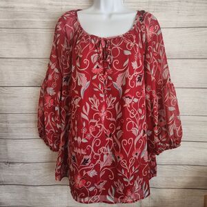 NY Collection 1X Red Floral Boho Chic Tunic Top Romantic Flowy Cottagecore NWT